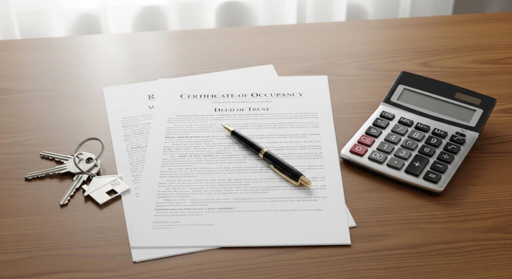 A flat lay of house keys, a calculator, and documents, representing a guide to understanding real estate closing costs in Ontario.