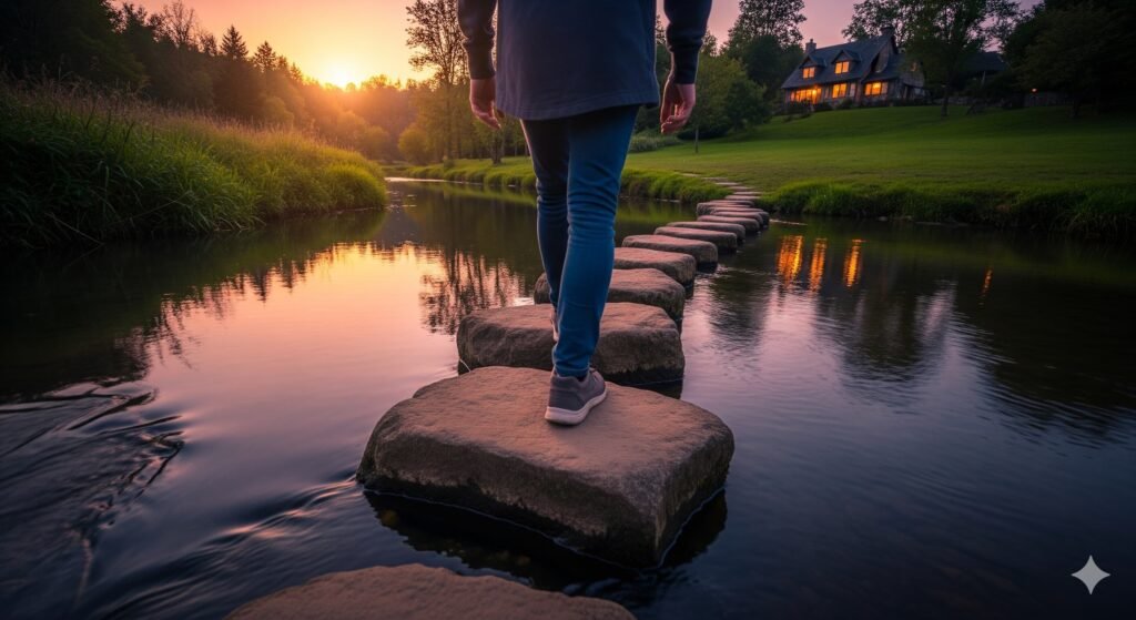 A person takes a strategic step on a stone path, symbolizing the journey with a B-lender in Canada.