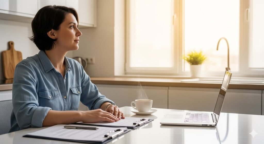 A person sits thoughtfully at a table with coffee and paperwork, planning their next steps after a mortgage rejection.