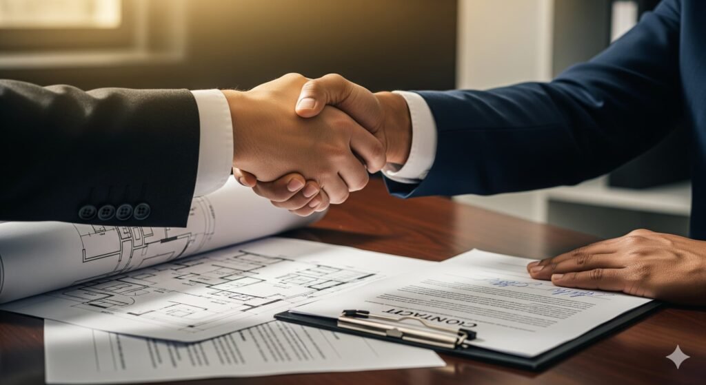 A professional handshake finalizes a private mortgage agreement over house blueprints.